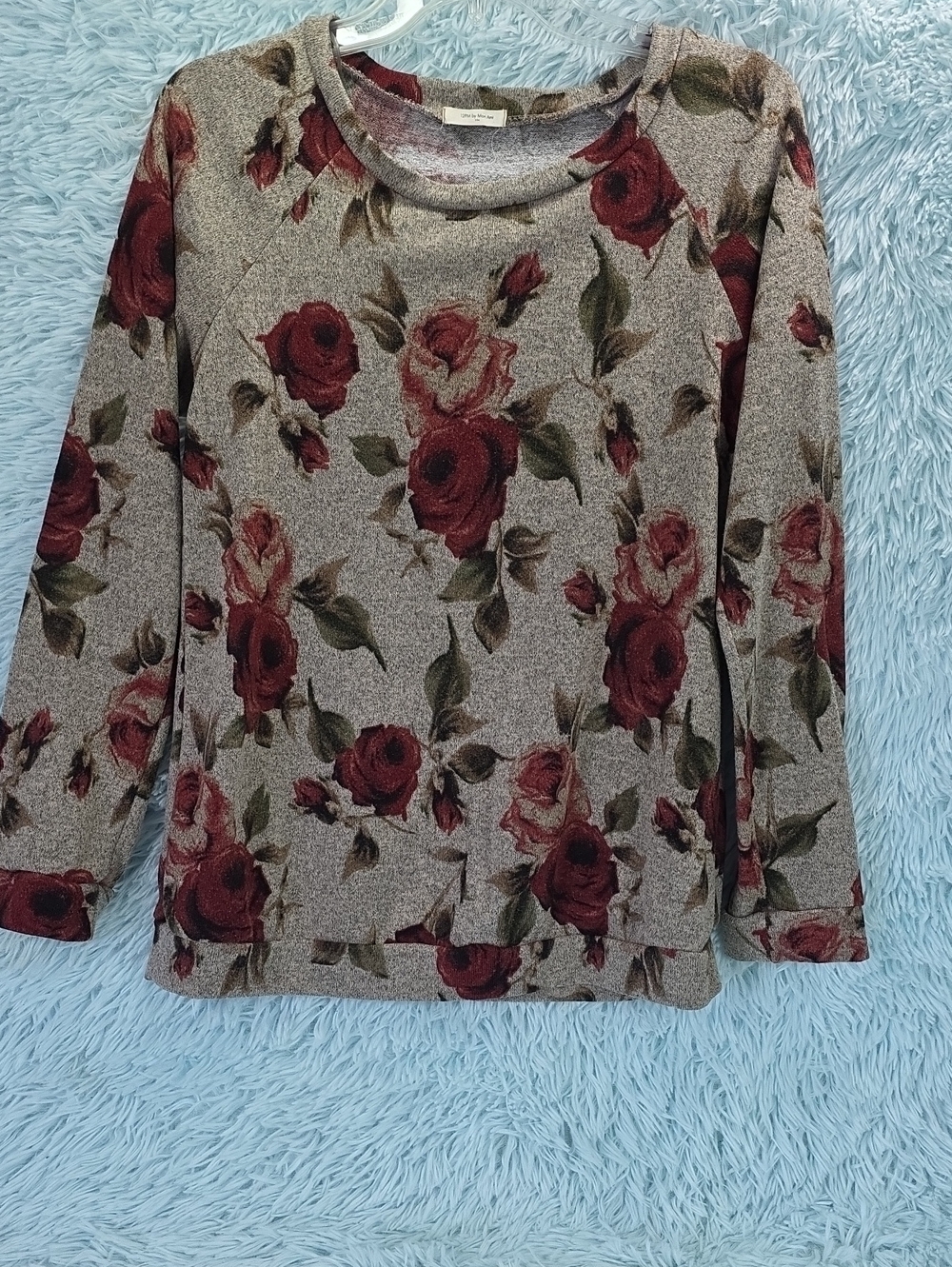 12PM By Mon Ami Heather Gray Knit Top with Subtle Rose and Olive Accents